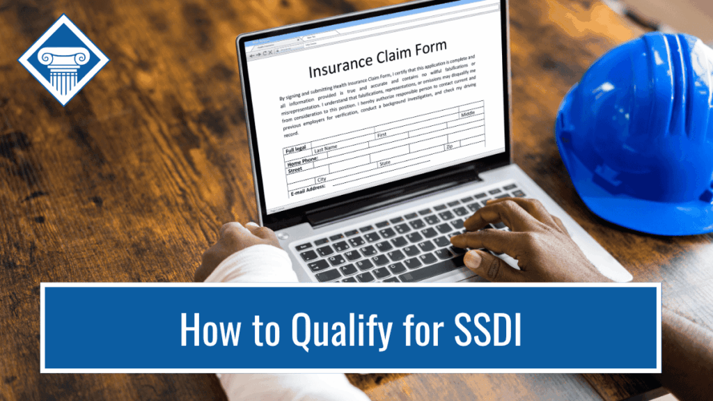 Image of a man typing on a laptop, one arm in a cast and a blue bump cap sitting to the side. The article title "How to qualify for SSDI" reads across the bottom.