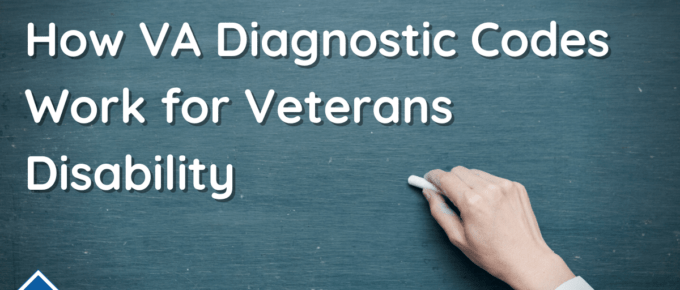 Hand holding chalk writing on a chalkboard. Article title: How VA Diagnostic Codes Work for Veterans Disability