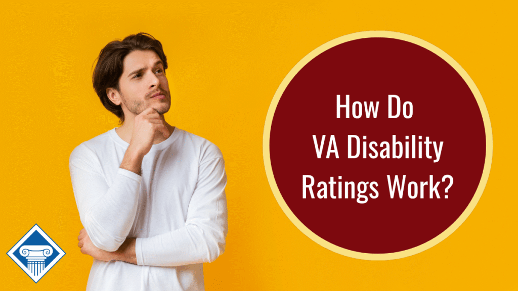 Photo of a yellow background and a man wearing a long sleeve white shirt and putting his hand up to his chin in thought. Article title is to the right: How do VA disability ratings work?