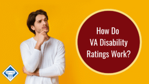 Photo of a yellow background and a man wearing a long sleeve white shirt and putting his hand up to his chin in thought. Article title is to the right: How do VA disability ratings work?
