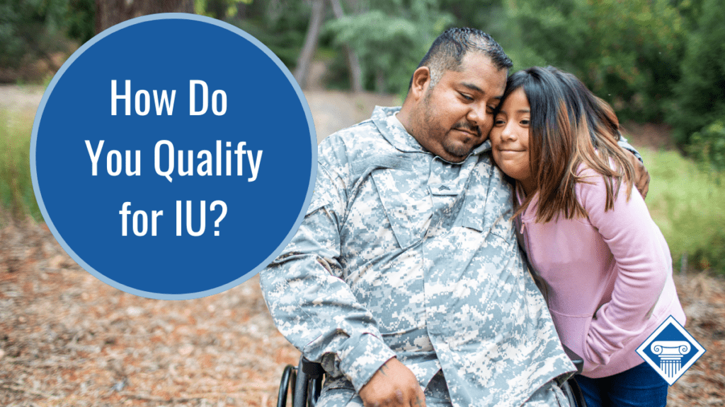 A man in a wheelchair giving his daughter a hug. Over the image is a bubble with the FAQ title: How do you qualify for IU?