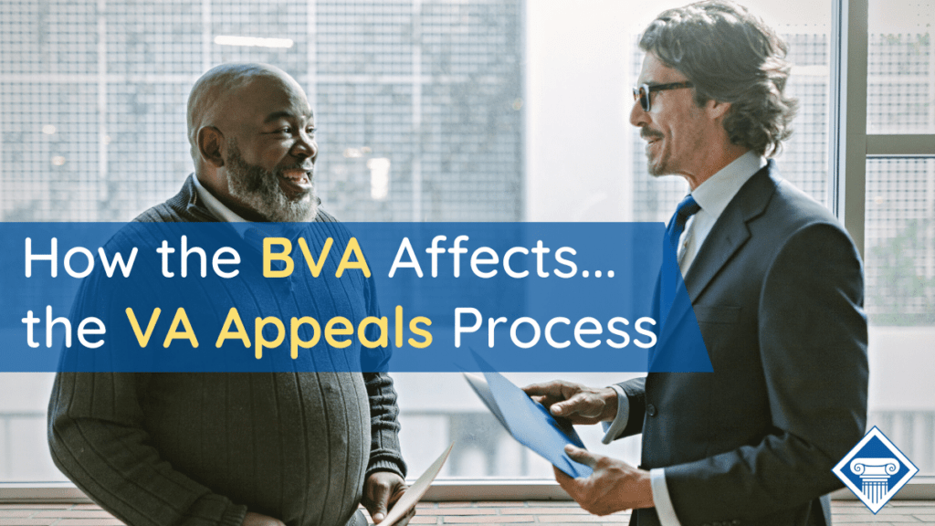 Two people smiling and talking while holding paperwork. A box over the images says the article title: "How the BVA affects the VA appeals process."