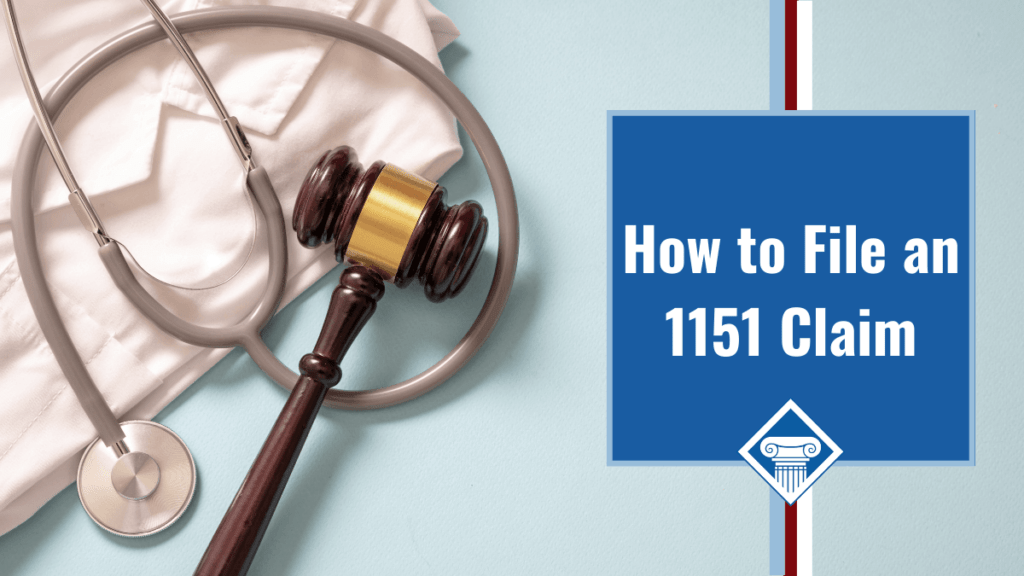 In the upper left hand corner there is a pale pink lab coat with a stethoscope and a gavel lying on top of it. Article title to the right: How to File an 1151 Claim