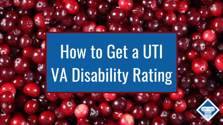 Picture of dozens of cranberries. Article title in white text with a blue background in the middle of the picture: How to Get a UTI VA Disability Rating