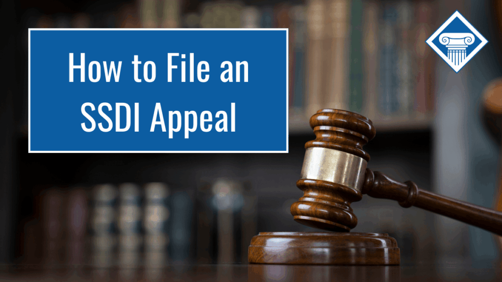 Image of a judge's gavel with a bookshelf in the background. The article title is to the left: How to File an SSDI Appeal