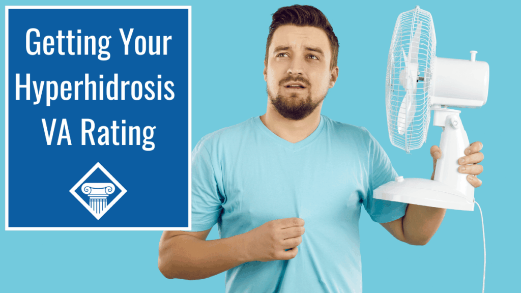 Image with a light blue background of a man wearing a light blue shirt and holding a white fan to his face. Article title is in the top left corner: "Hyperhidrosis VA Disability Rating"