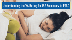 An image of a woman laying on her side and holding her stomach with her knees pulled up. Over the image is a blue banner reading the article title: The VA rating for IBS secondary to PTSD