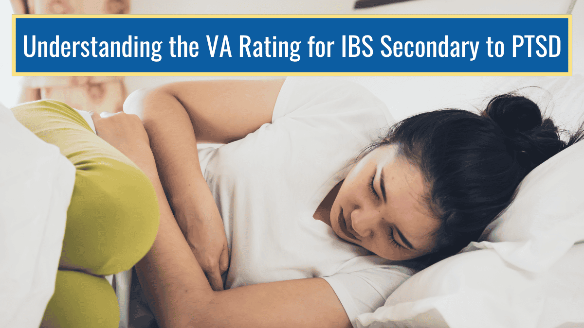 An image of a woman laying on her side and holding her stomach with her knees pulled up. Over the image is a blue banner reading the article title: The VA rating for IBS secondary to PTSD