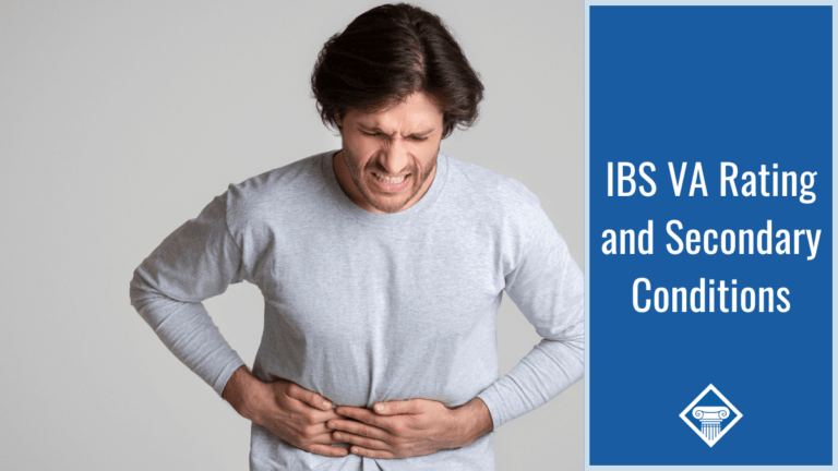 A man in a gray shirt with medium-length brown hair grimaces and holds his stomach in pain. Article title to the right: IBS VA Rating and Secondary Conditions