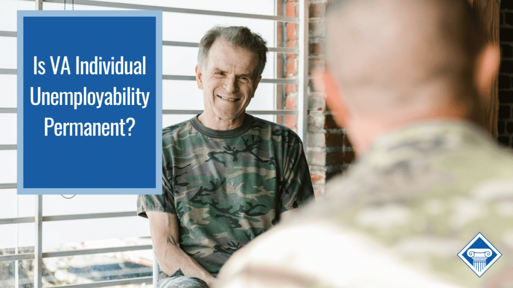 A man smiling and wearing camo, talking to another person who is turned with their back to the camera. Over the image is a box that reads the FAQ title: Is VA individual unemployability permanent?