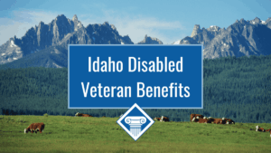 Photo of cattle grazing in a field in front of Idaho mountains. Article title is across the center: Idaho Disabled Veteran Benefits.