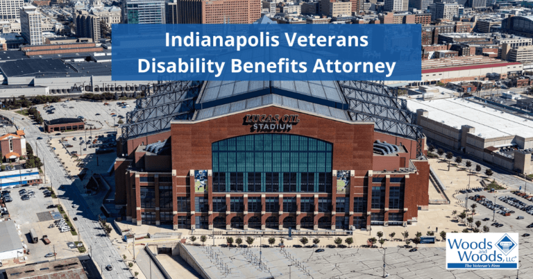 Image of the Lucas Oil Stadium in Indianapolis, Indiana. Our title: Indianapolis Veterans Disability Benefits Attorney is at the top center with the Woods and Woods logo in the lower right corner.