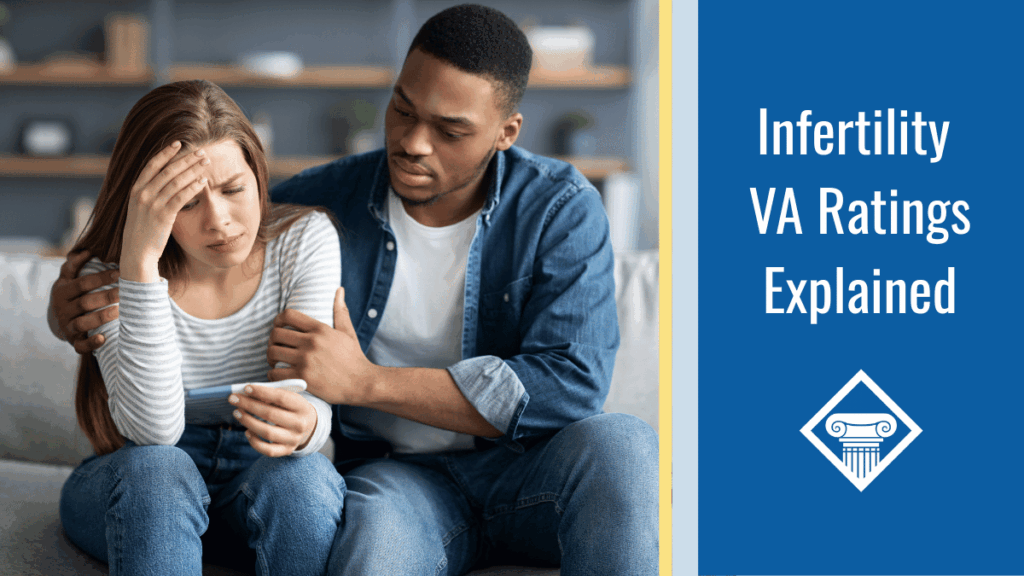 An image of a man and woman looking at a pregnancy test with serious facial expressions. Over the image is a blue banner reading the article title: Infertility VA Ratings explained