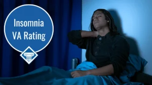 A person sits up in the bed in a dark room, holding his neck with his eyes closed. Over the image is a bubble reading the article title: Insomnia VA rating