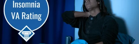 A person sits up in the bed in a dark room, holding his neck with his eyes closed. Over the image is a bubble reading the article title: Insomnia VA rating