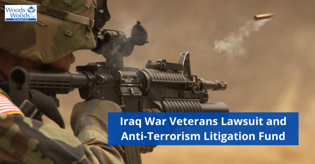 Image of a U.S. soldier firing a gun. Our title, Iraq War Veterans Lawsuit and Anti-Terrorism Litigation Fund is in the lower right corner and the Woods and Woods logo is in the upper left corner. 