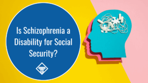 Image of overlapping paper head cut outs over a yellow and pink background. The title of the article, "Is Schizophrenia a Disability for Social Security" sits to the left of the image in a blue circle with the Woods & Woods logo beneath it.