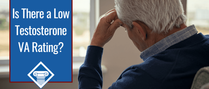 Man with white hair sitting with his back turned, hand on forehead. Article title to the left: Is there a low testosterone VA rating?