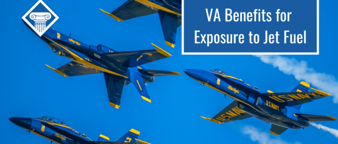Four military planes are flying in the blue sky. Article title in upper right-hand corner: VA Benefits for Exposure to Jet Fuel