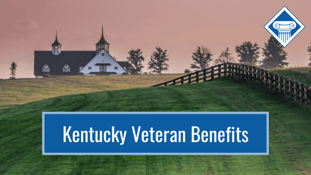 Photo of a green field with a wooden fence running up the side and trees and a church in the background as the sun sets. Article title is across the bottom: Kentucky Veteran Benefits
