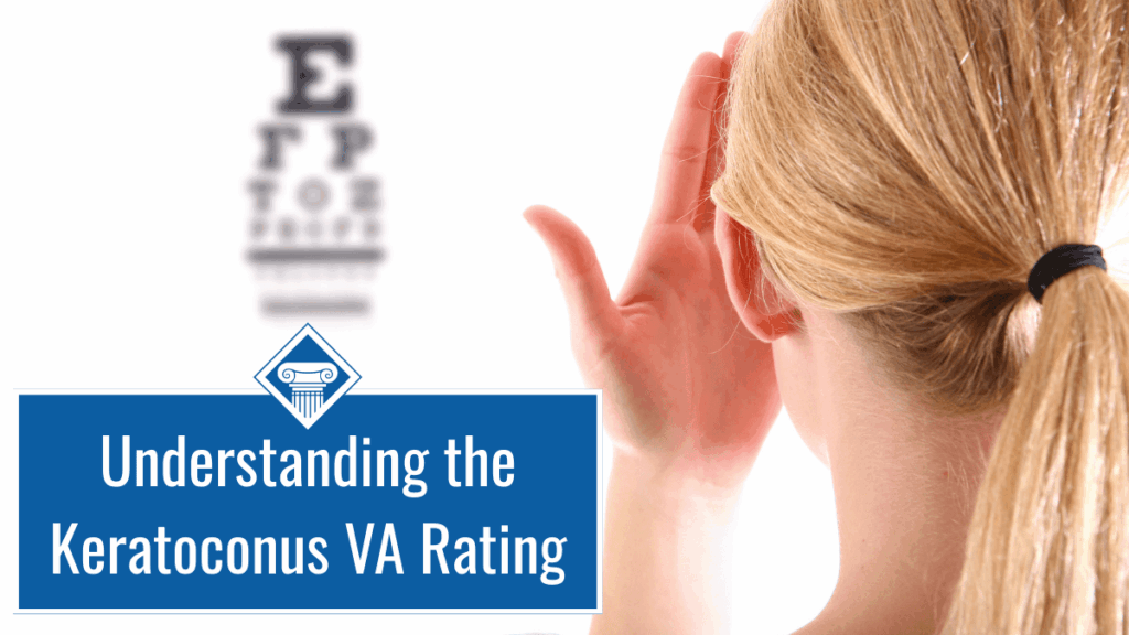 Photo of the back of a woman's head who has her blonde hair in a ponytail. She has her left hand covering her left eye and in the distance, against a white background, is the blurry outline of a visual acuity test. Article title is in the bottom lefthand corner: Understanding the keratoconus VA rating.