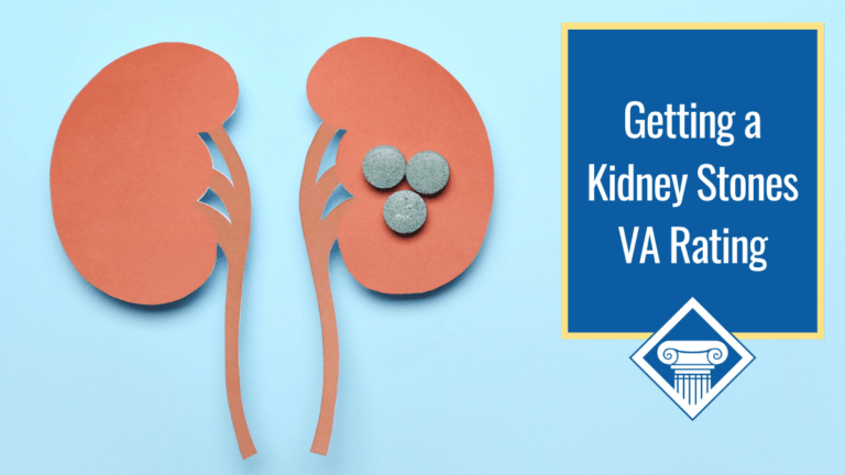 Picture of paper cut-out kidneys with three stones in the middle of one of them. Article title is to the right: Getting a Kidney Stones VA Rating