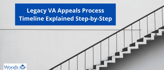Image of a stairwell. Legacy VA Appeals Process Timeline Explained Step-by-Step is the title in the upper left side. The Woods and Woods logo is in the lower left corner.