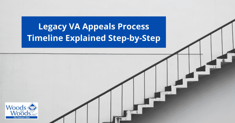 Image of a stairwell. Legacy VA Appeals Process Timeline Explained Step-by-Step is the title in the upper left side. The Woods and Woods logo is in the lower left corner.