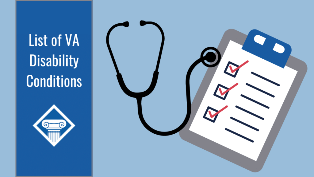 A stethoscope and clipboard over a light blue background. Over the image is a bar with the article title: List of VA disability conditions