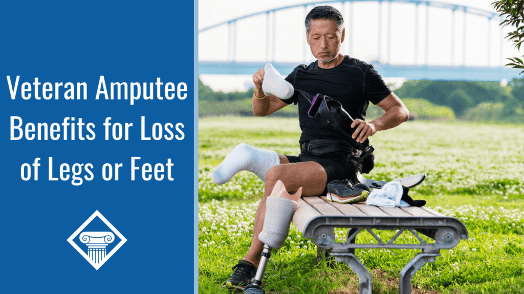 Photo of a man with one leg amputated sitting in a park on a bench assembling his prosthetic leg. Article title is to the left: Veteran Amputee Benefits for Loss of Legs or Feet