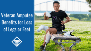 Photo of a man with one leg amputated sitting in a park on a bench assembling his prosthetic leg. Article title is to the left: Veteran Amputee Benefits for Loss of Legs or Feet
