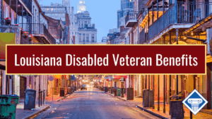 Photo of Bourbon Street in New Orleans at dusk with the lights of the shops, bars, and restaurants lining the street. Article title is across the middle: Louisiana Disabled Veteran Beneits