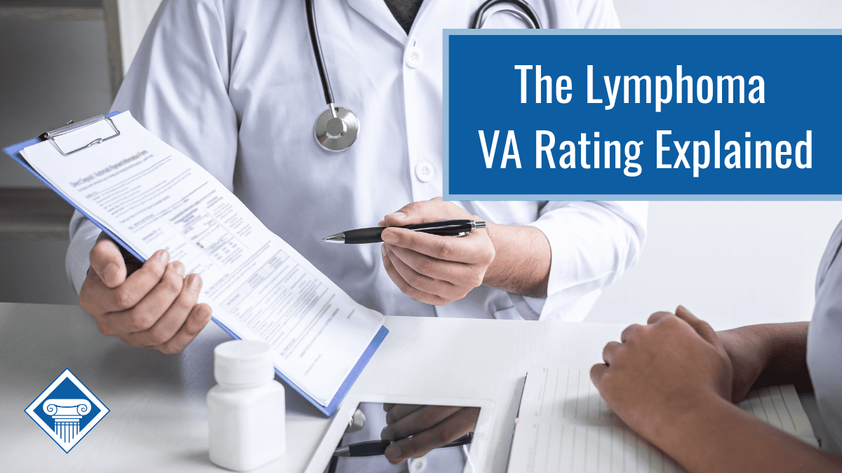 A doctor holding a medical chart. Article title in a blue box to the side: The Lymphoma VA rating explained