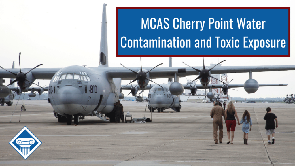 Image from defenseimagery.mil of a family walking toward a KC-130J Hercules aircraft at MCAS Cherry Point in 2013. Over the image is a blue box reading the article title: MCAS Cherry point water contamination and toxic exposure