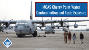Image from defenseimagery.mil of a family walking toward a KC-130J Hercules aircraft at MCAS Cherry Point in 2013. Over the image is a blue box reading the article title: MCAS Cherry point water contamination and toxic exposure