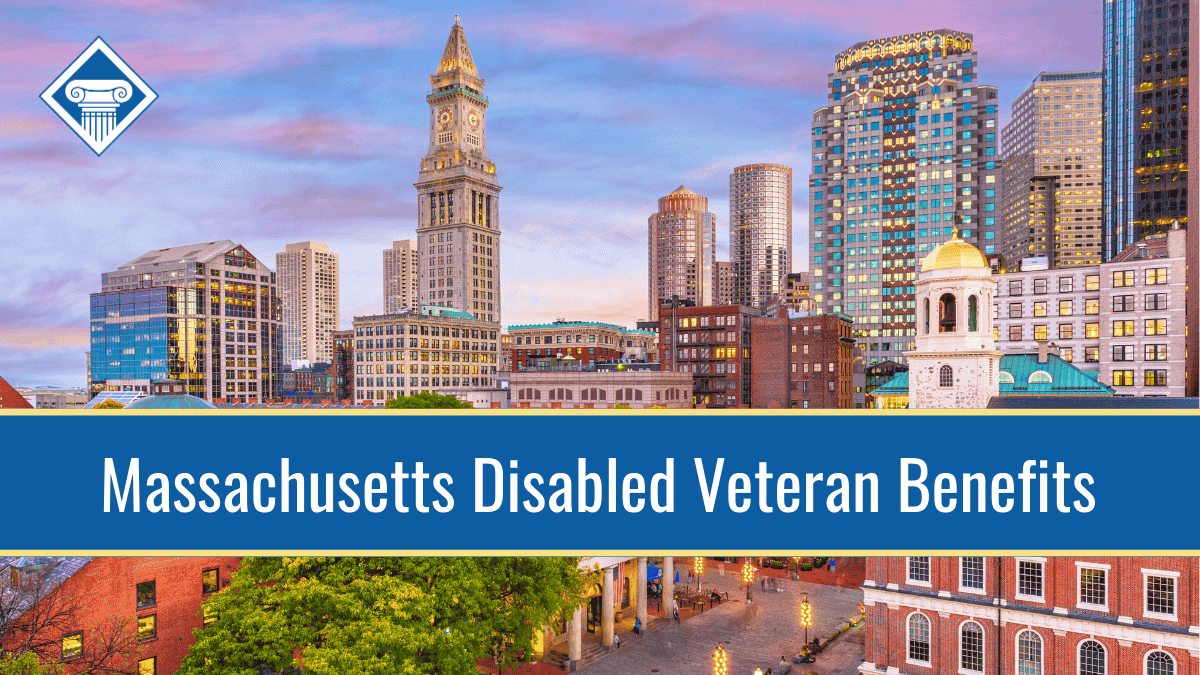 An image of a Massachusetts skyline at dusk with a blue banner across the bottom reading the article title: Massachusetts disabled veteran benefits