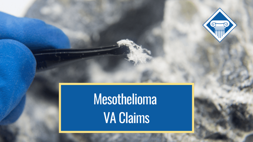 An image of a blue gloved hand pulling apart asbestos with tweezers. Over the image is a blue box reading the article title: Mesothelioma VA claims