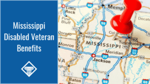 A map of Mississippi with a thumbtack marking the state. Alongside the image is a blue column reading the article title: Mississippi disabled veteran benefits