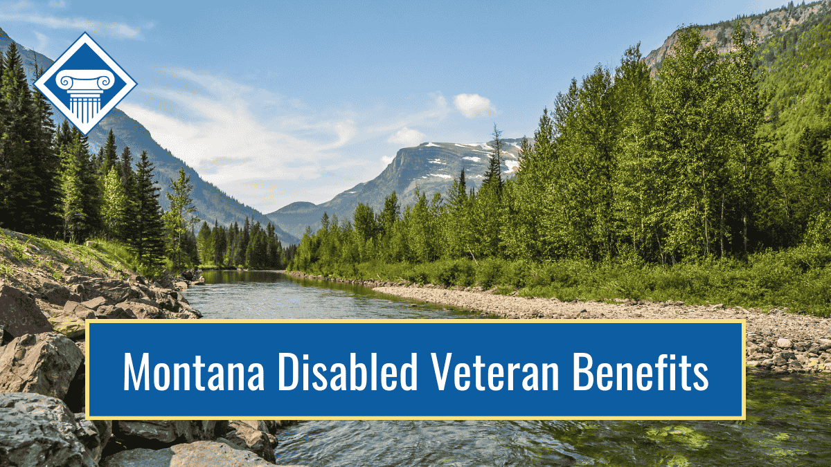 An image of Glacier National Park in Montana with a blue banner along the bottom reading the article title: Montana disabled veteran benefits