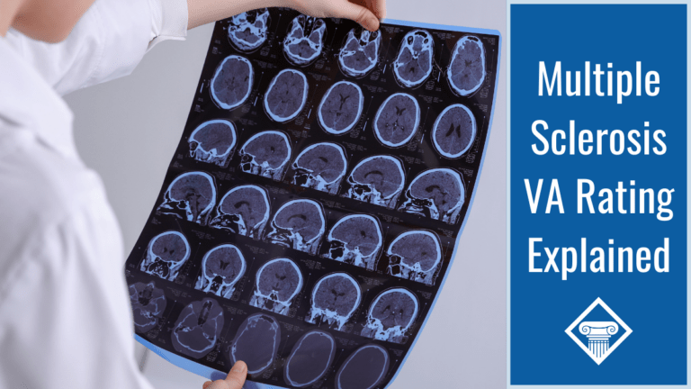 A doctor in a white lab coat is holding and looking at brain MRI results. Article title is to the right: Multiple Sclerosis VA Rating Explained