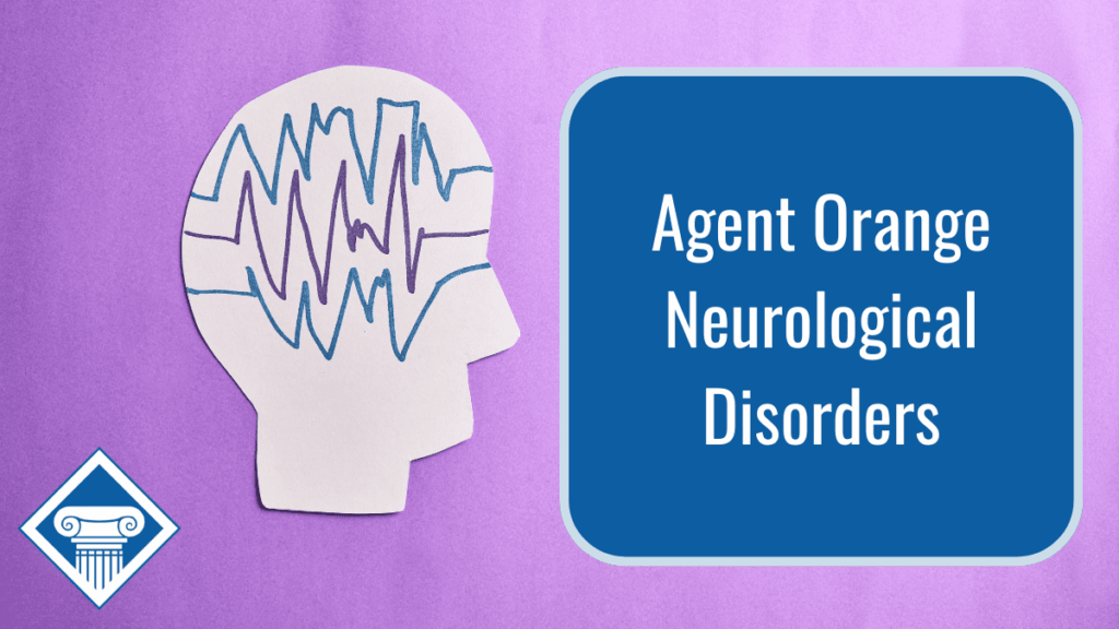 Graphic of the outline of a head with colorful lines running across it to indicate an EEG. Article title is to the right: Agent Orange Neurological Disorders