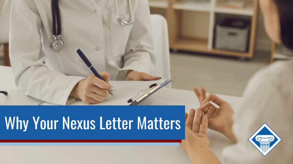 A woman in white sits across from a doctor who is taking notes while she talks. Over the image is the Woods and Woods logo and the article title: Why Your Nexus Letter Matters