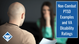 Bald man seated with back to camera, across from a brunette woman in turquoise shirt. Article title on right side: Noncombat PTSD examples and VA disability ratings