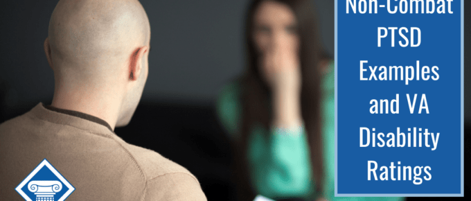 Bald man seated with back to camera, across from a brunette woman in turquoise shirt. Article title on right side: Noncombat PTSD examples and VA disability ratings