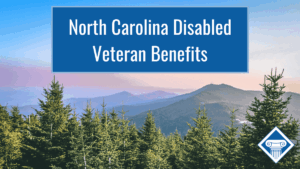The sun sets over the Blue Ridge mountains in North Carolina. Over the image is the article title: North Carolina Disabled Veteran Benefits lawyers