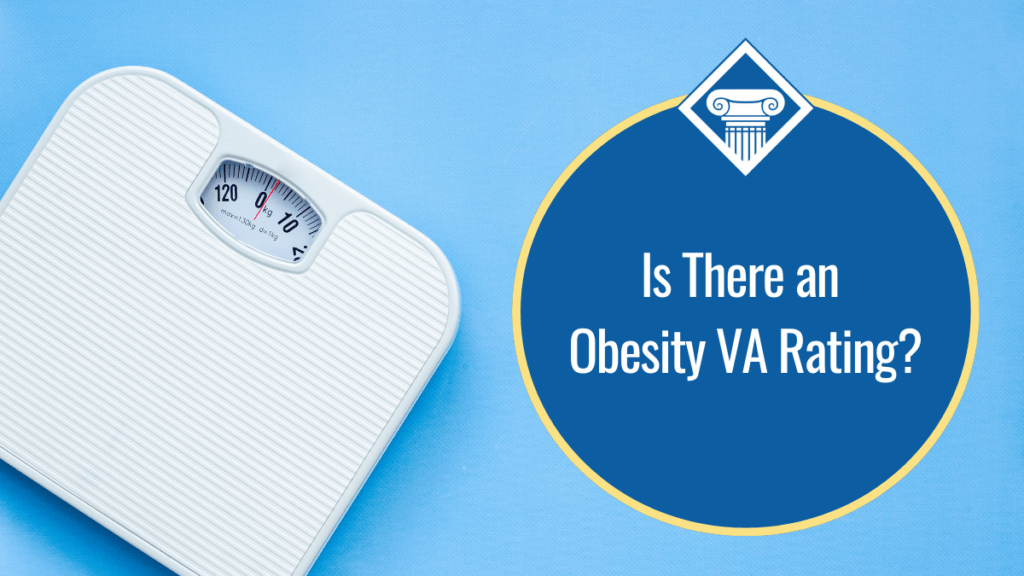 A light blue background and an empty white scale currently marking "0" pounds. Over the image is a blue bubble reading the article title: Is there an obesity VA rating?