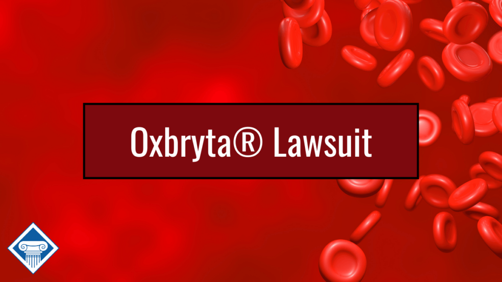 Image of red blood cells with article title in the center: Oxbryta Lawsuit
