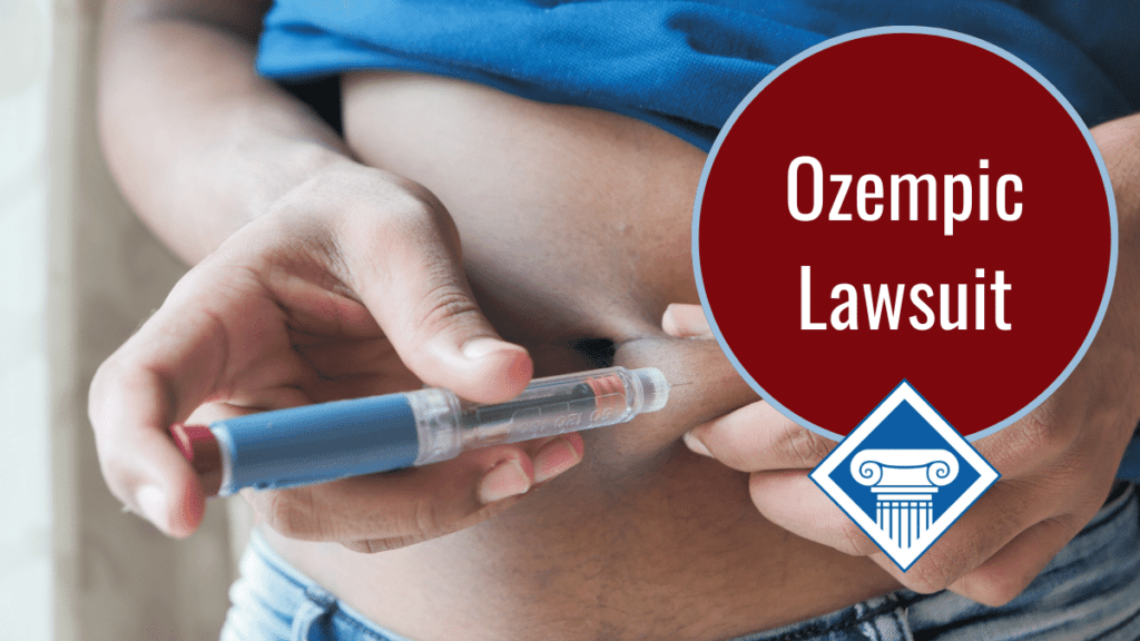 A person injects a syringe of a medication into their stomach. Over the image is a red bubble reading the article title: Ozempic lawsuit