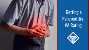 An image of a man holding his abdomen which is shaded red to indicate pain. Alongside this image is a blue banner reading the article title: getting a pancreatitis VA rating