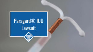 Image of a copper IUD with the name of the article, "Paragard IUD Lawsuit" off to the left side inside a blue box with the Woods & Woods logo.
